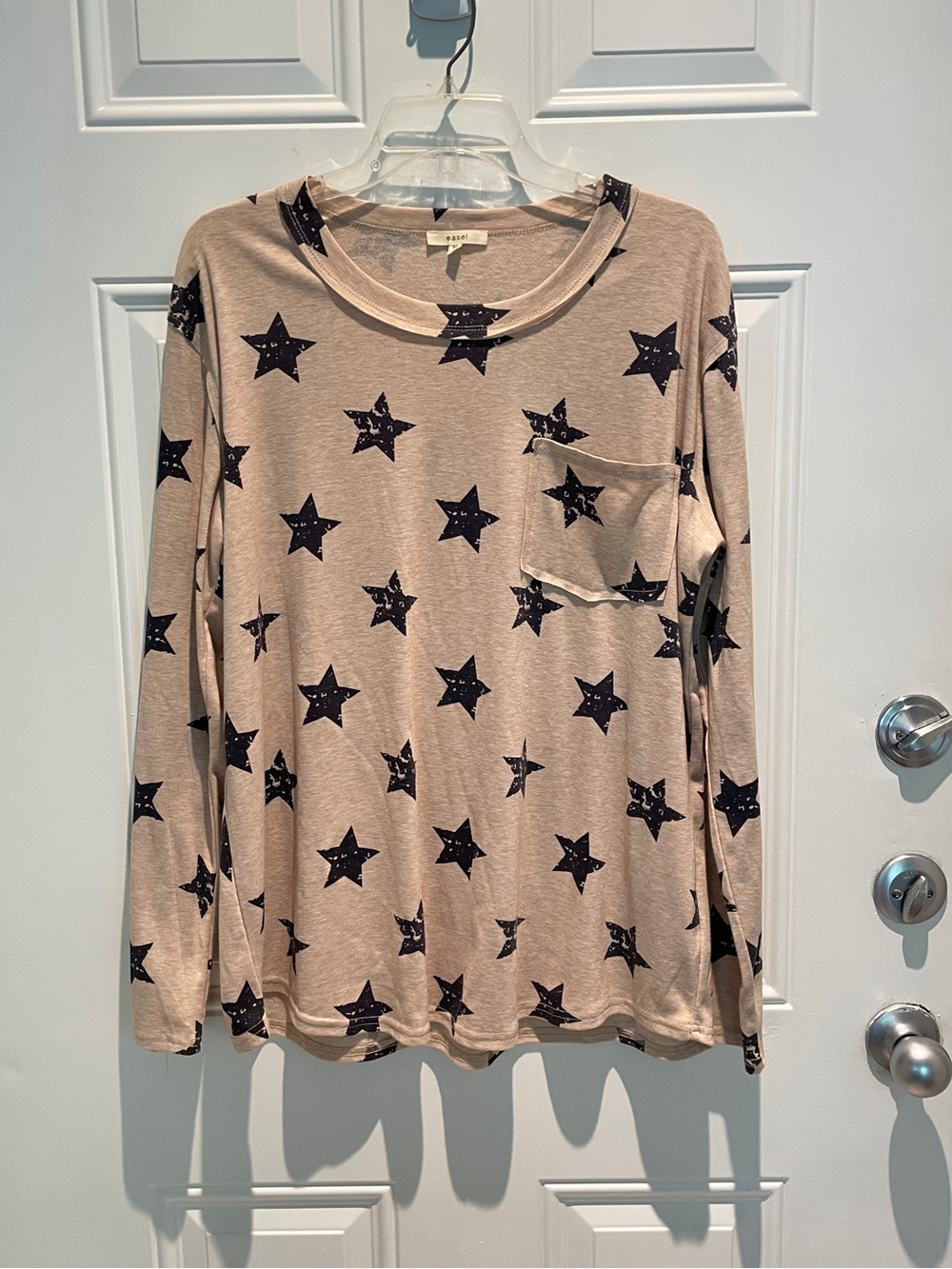 Easel Navy Blue Stars & Heather Beige Long Sleeve Crew Top Size Oversized Medium
